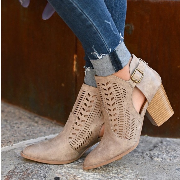 SwankStyles Shoes - Taupe Laser Cutout Booties